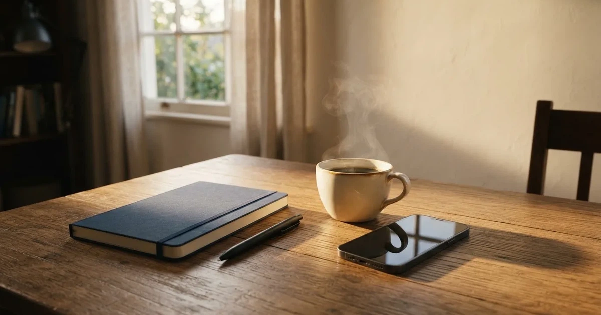 Ein Holzschreibtisch im Morgenlicht mit geschlossenem Notizbuch, Kugelschreiber und Kaffeetasse, daneben ein Smartphone mit dunklem Bildschirm.