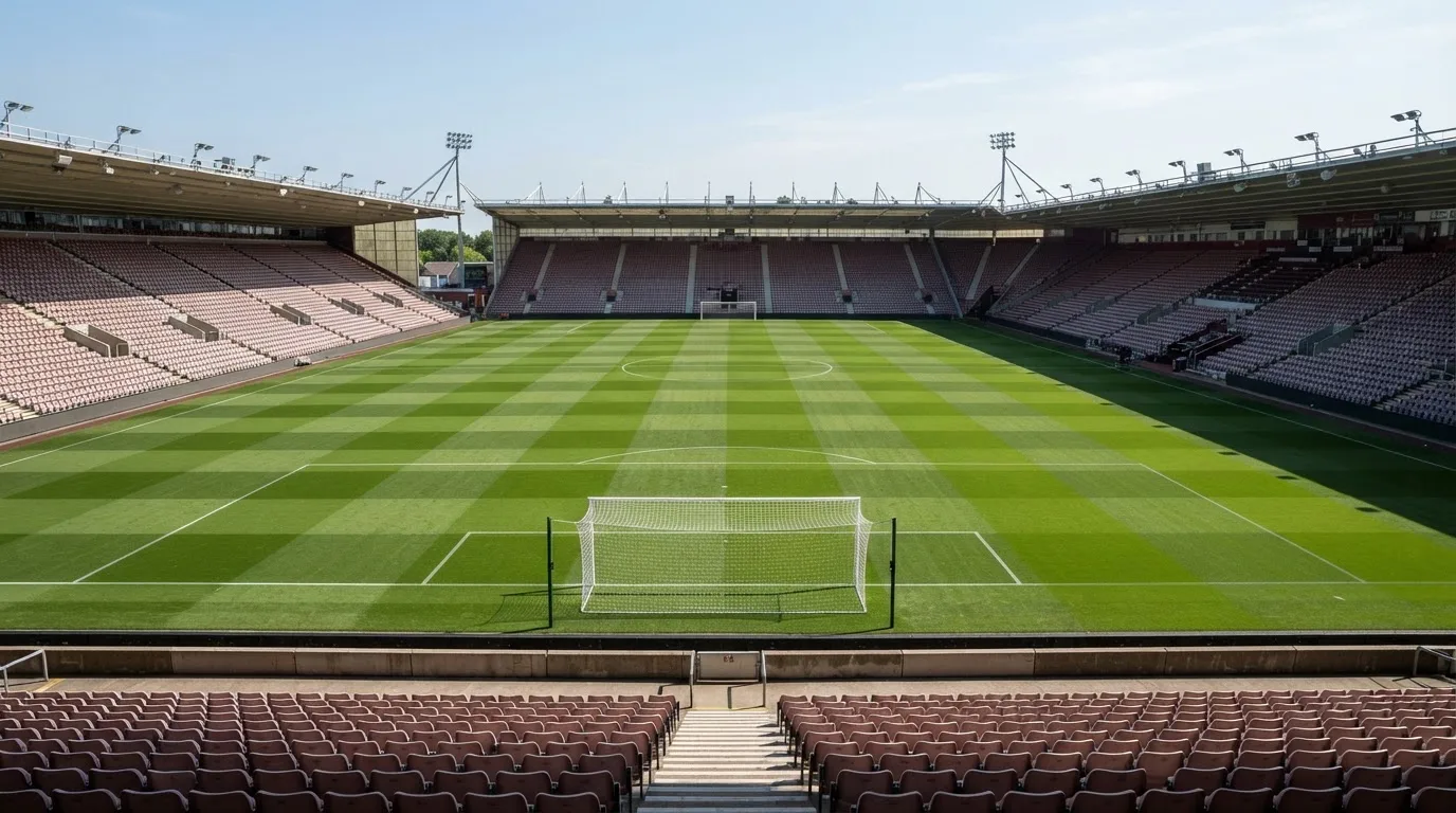 Ein leeres Fußballstadion bei Tageslicht von der Tribüne aus gesehen, der Rasen zeigt gleichmäßige Mähstreifen.