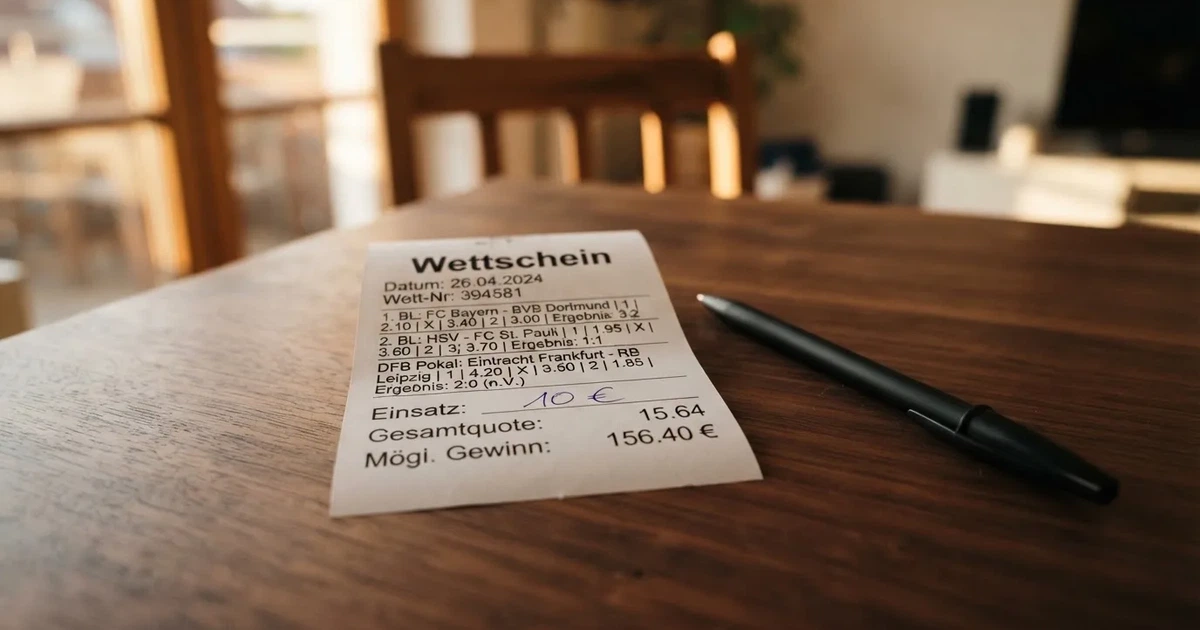 Ein leerer Papier-Wettschein und ein Kugelschreiber liegen auf einem Tisch, daneben ein kleiner Stapel Münzen.