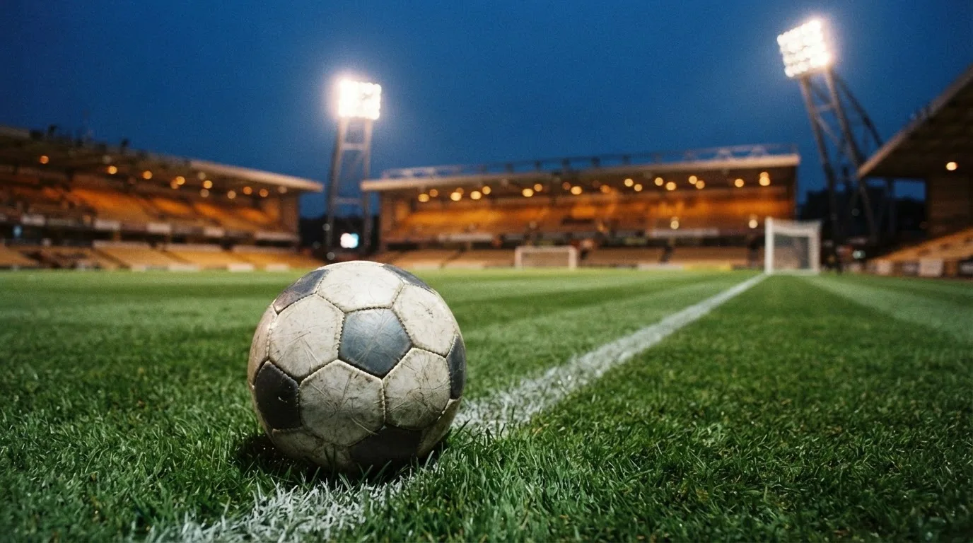 Ein Fußball liegt auf dem Rasen eines leeren Platzes, im Hintergrund ein Stadion unter Flutlicht in der Abenddämmerung.