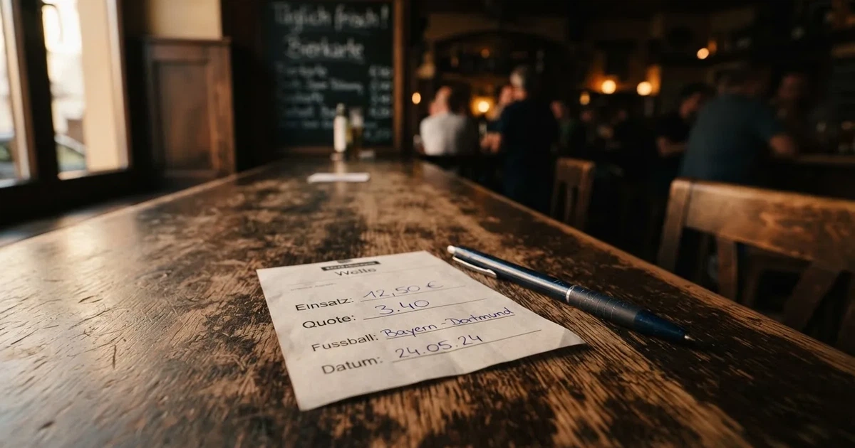 Ein leerer Wettschein aus Papier liegt neben einem Stift auf einer hölzernen Theke, weiches Licht fällt von der Seite ein.