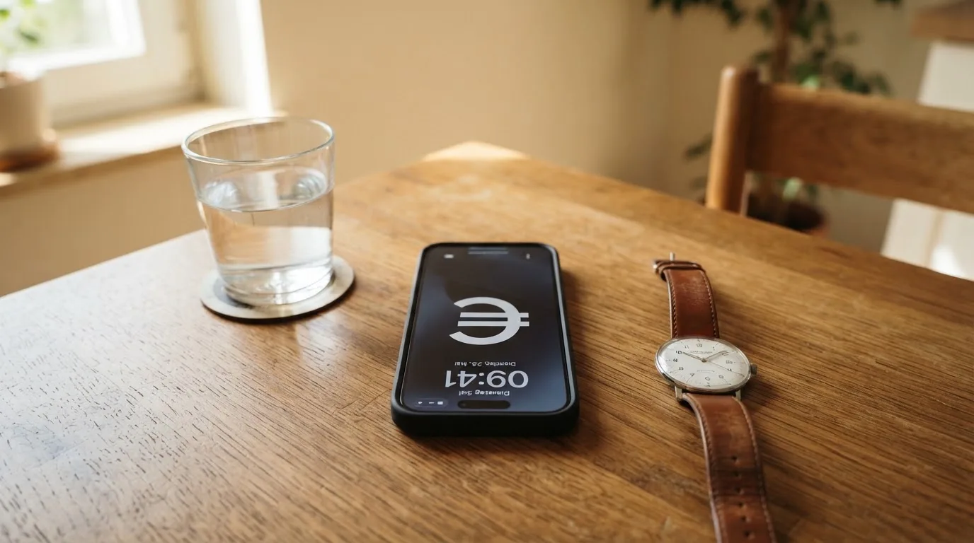 Ein Smartphone liegt mit dem Display nach unten auf einem Küchentisch, daneben stehen ein Glas Wasser und eine Armbanduhr.