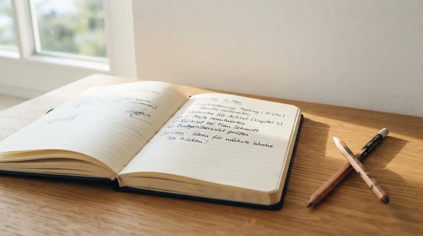 Ein Notizbuch mit handschriftlichen Notizen und ein Bleistift liegen auf einem Schreibtisch am Fenster, draußen fällt Morgenlicht herein.