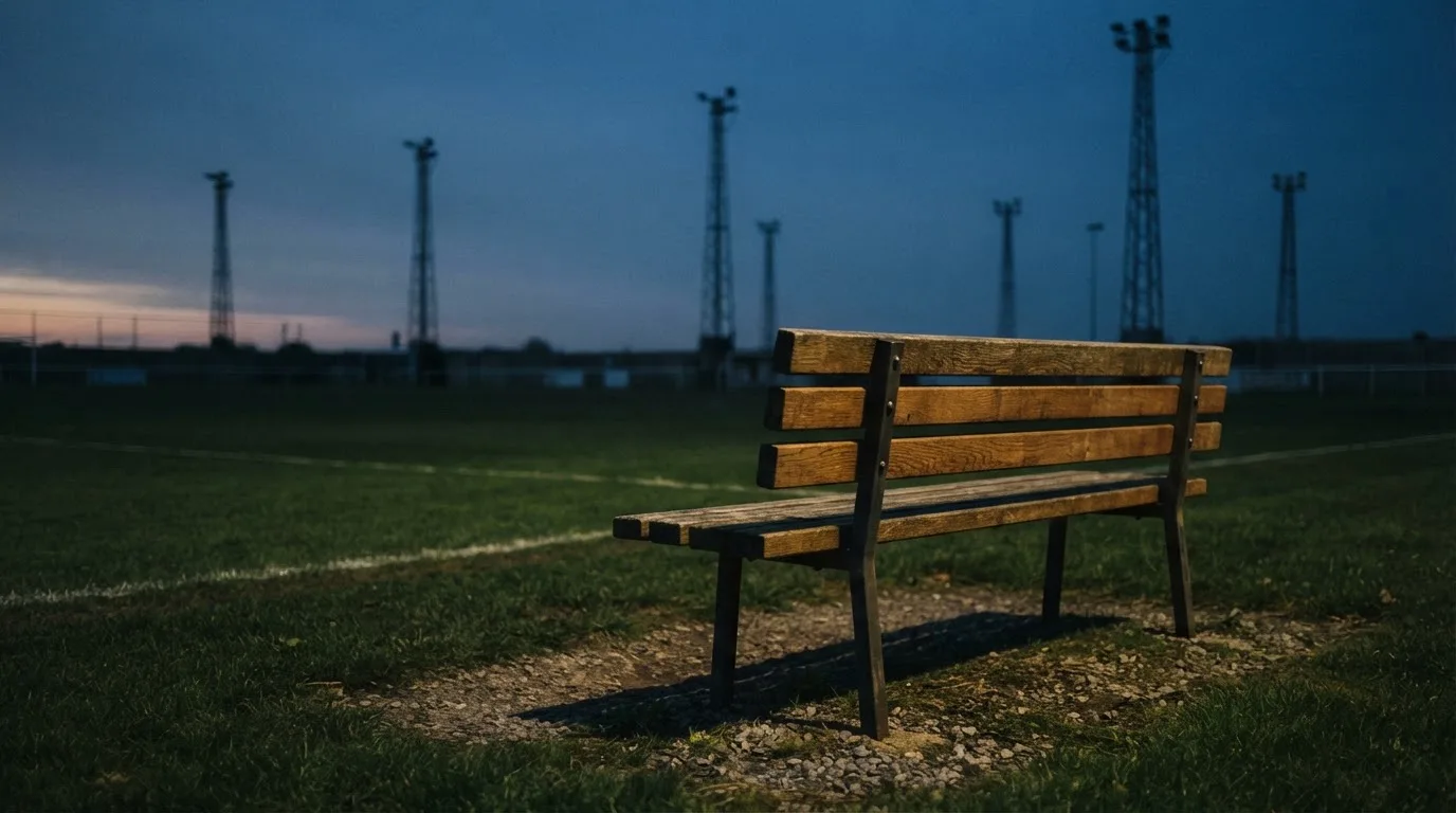 Eine leere Parkbank am Rand eines Fußballfelds in der Abenddämmerung, im Hintergrund ragen dunkle Flutlichtmasten in den Himmel.