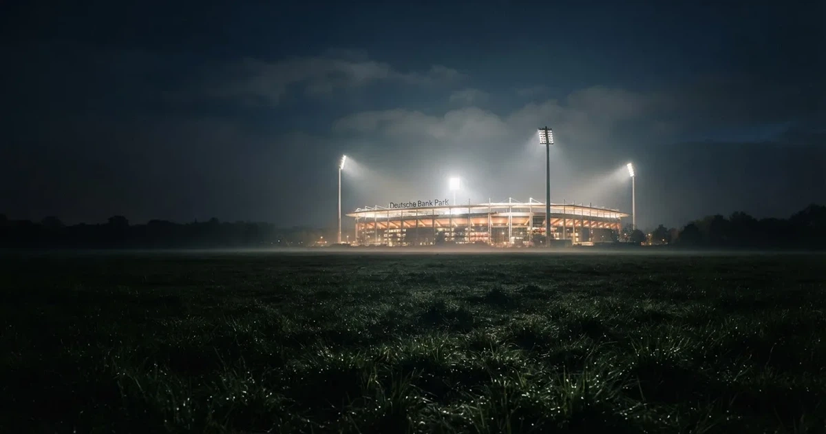 Ein Stadion unter Flutlicht, aus großer Entfernung über eine dunkle Wiese fotografiert, am Himmel zieht Nebel auf.