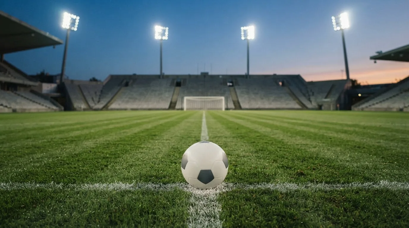 Ein Fußball liegt auf dem Anstoßpunkt eines leeren Rasenplatzes, im Hintergrund steht ein Stadion unter Flutlicht in der Dämmerung.