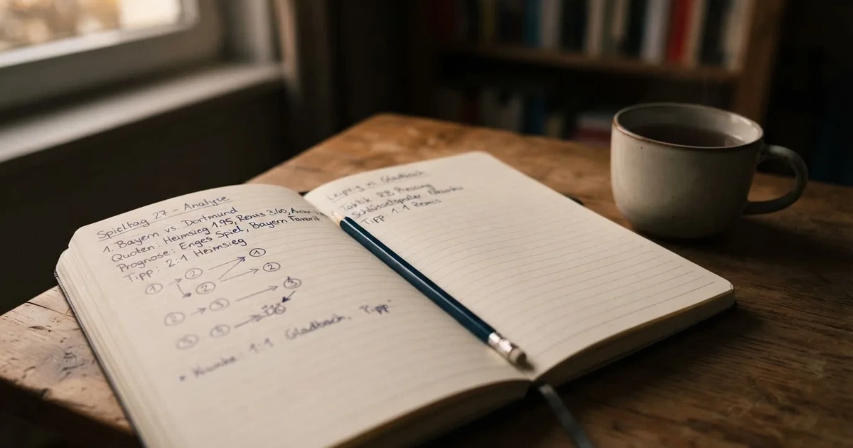 Ein Notizbuch mit handschriftlichen Notizen und Pfeilen liegt aufgeschlagen auf einem Schreibtisch, daneben ein Bleistift und eine Tasse Tee.