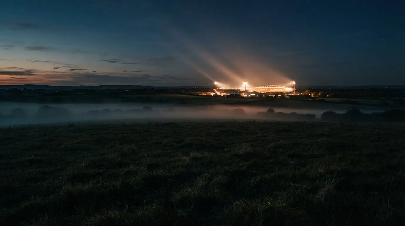 Ein Stadion unter Flutlicht, aus großer Entfernung über eine dunkle Wiese fotografiert, am Himmel zieht Nebel auf.
