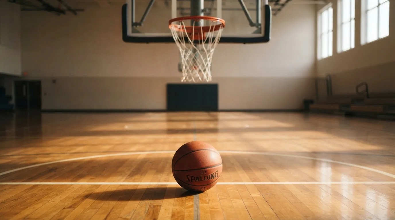 Ein Basketball liegt auf dem Hallenboden unter einem Korb, das Netz hängt ruhig, Morgenlicht fällt durch hohe Fenster.