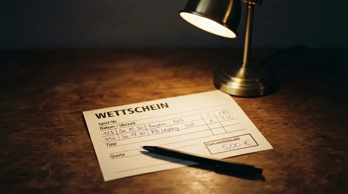 Ein leerer Wettschein aus Papier und ein Kugelschreiber liegen auf einer Tischplatte neben einer kleinen Tischlampe.