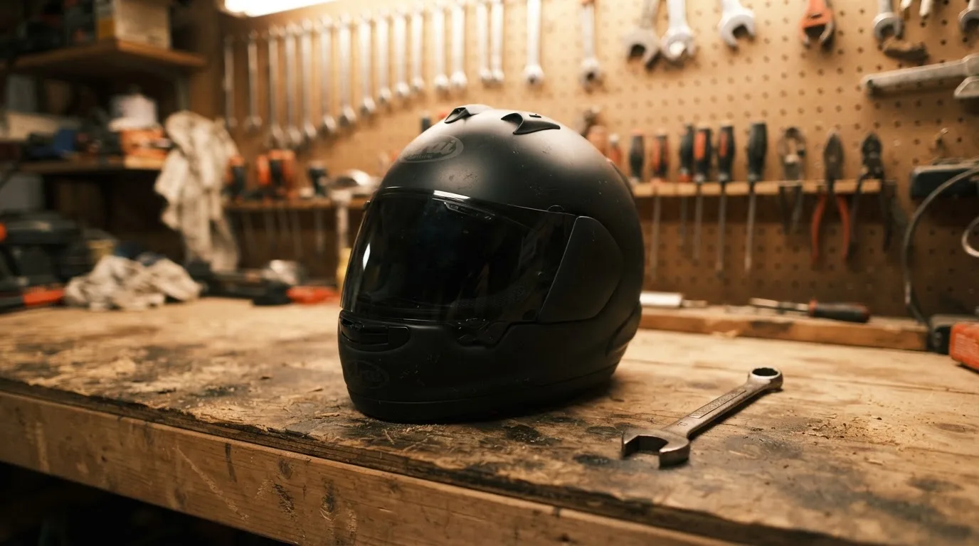 Ein schwarzer Motorradhelm ohne Aufdruck liegt auf einer Werkbank neben einem Schraubenschlüssel, warmes Licht einer Werkstatt.