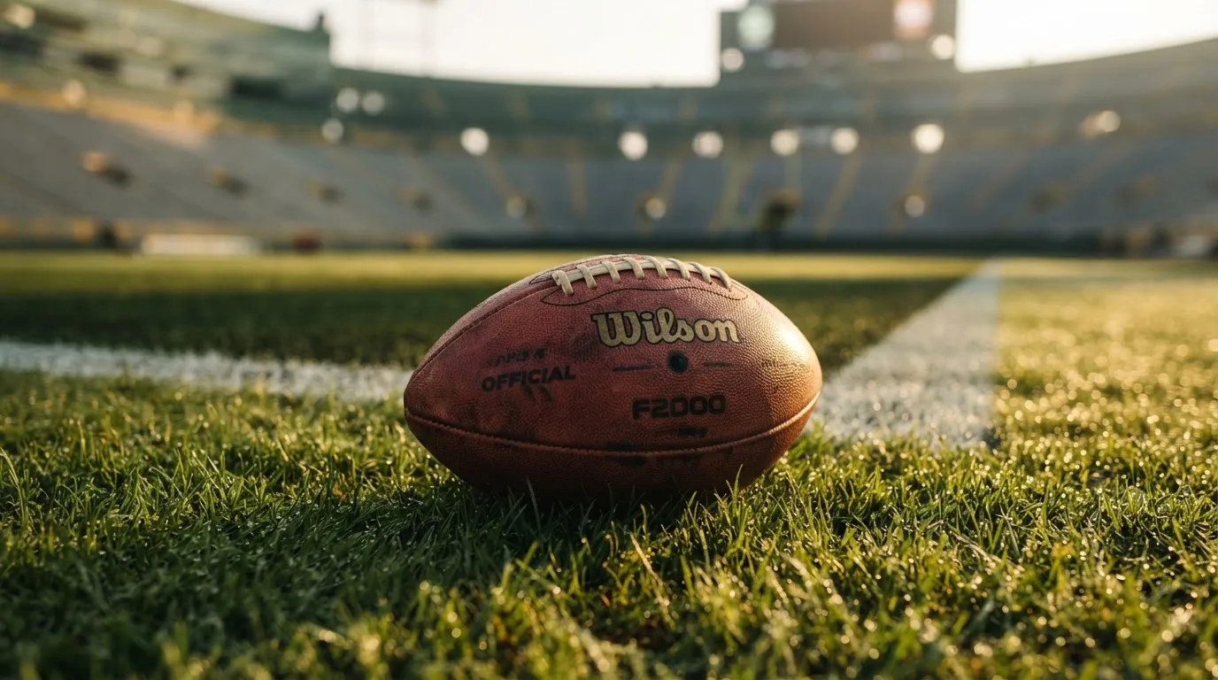 Ein ovaler Lederball mit heller Schnürung liegt auf dem Rasen vor der Endzone, Tau auf dem Gras im ersten Morgenlicht.