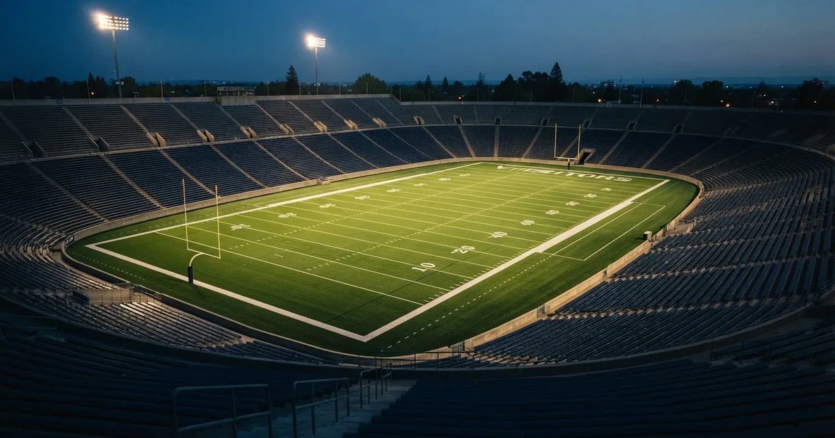 Ein American-Football-Feld mit weißen Yardlinien im Flutlicht, von einer hohen Tribüne aus gesehen, die Ränge leer, Zahlen nicht erkennbar.