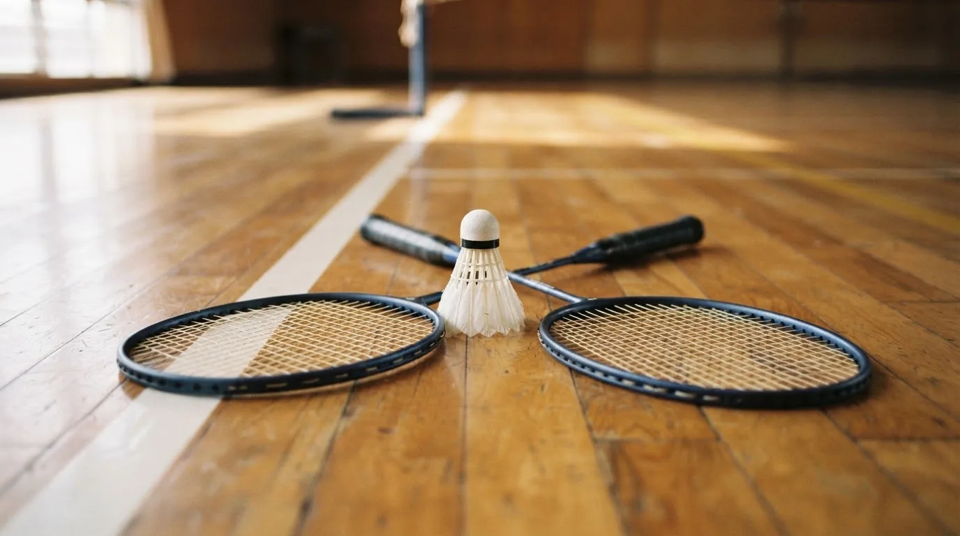 Zwei Badmintonschläger und ein Federball liegen auf einem Holzboden neben der Seitenlinie, weiches Licht fällt von der Seite ein.