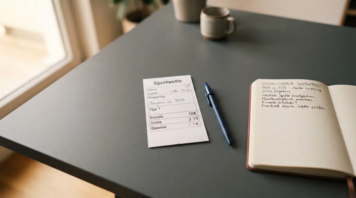 Ein leerer Papierwettschein und ein Kugelschreiber auf einer glatten Schreibtischplatte, daneben ein aufgeschlagenes Notizbuch mit handschriftlichen Notizen.